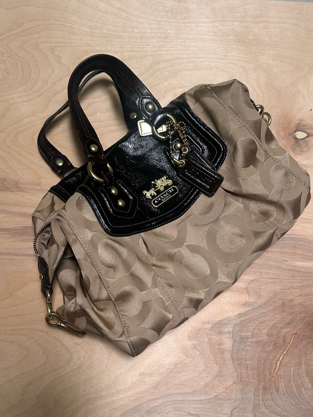 Coach Tan Signature Satchel with Dark Brown Patent Trim